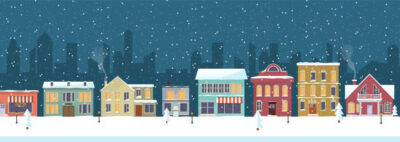 Snowy night in cozy christmas town clip art
