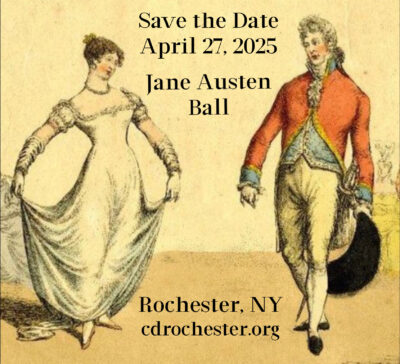 Picture of a couple in Regency costumes, with text Save the Date, April 27, 2005, Rochester, NY.